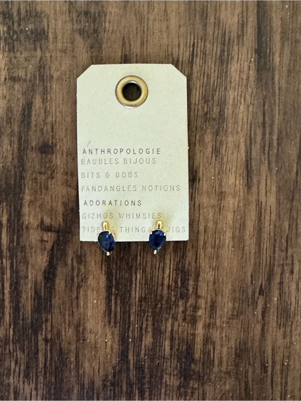 Anthropologie Gold Plated Teardrop Crystal Sapphire Blue Stud Earring - Picture 2 of 14